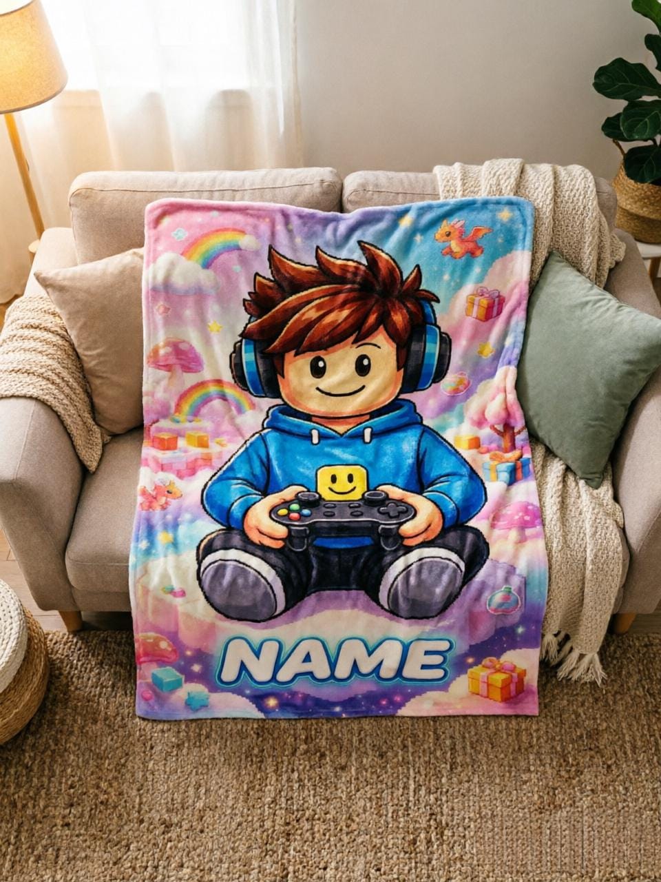 Custom Name Pixel Gamer Boy Blanket Soft Throw, Personalized Gift for Kids Gaming Fans