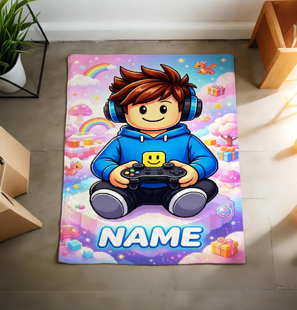 Custom Name Pixel Gamer Boy Blanket Soft Throw, Personalized Gift for Kids Gaming Fans