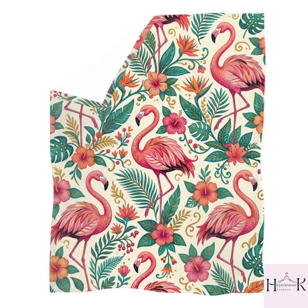 Pink Flamingo Blanket, Tropical Floral Fleece Throw, Hibiscus Bird Blanket, Botanical Wildlife Couch Decor, Summer Beach House Gift