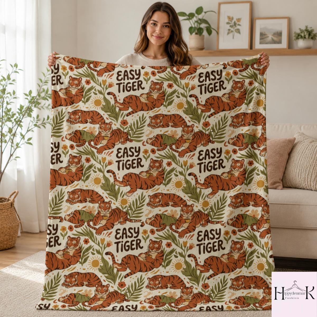 Easy Tiger Blanket, Retro Tiger Floral Fleece Throw, Boho Jungle Animal Blanket, Vintage Botanical Couch Decor, Tiger Lover Gift