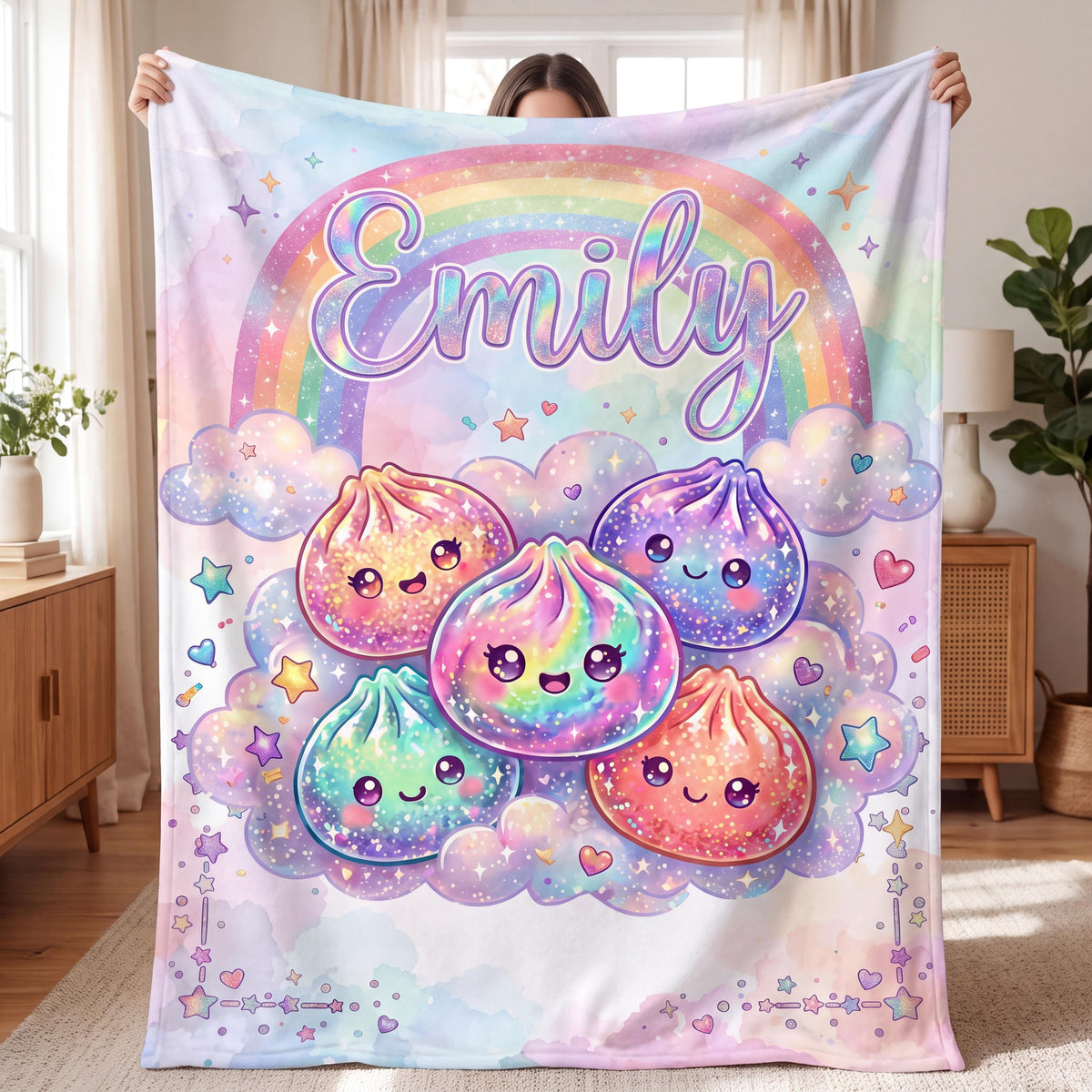 Personalized Kawaii Squishy Dumpling Blanket, Custom Name Pastel Rainbow Throw, Cute Food Plush Baby Girl Nursery Decor Birthday Gift