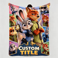 Custom Name Animated City Blanket Soft Throw.Fox Nick‑Rabbit & Rabbit Officer Partner Print.