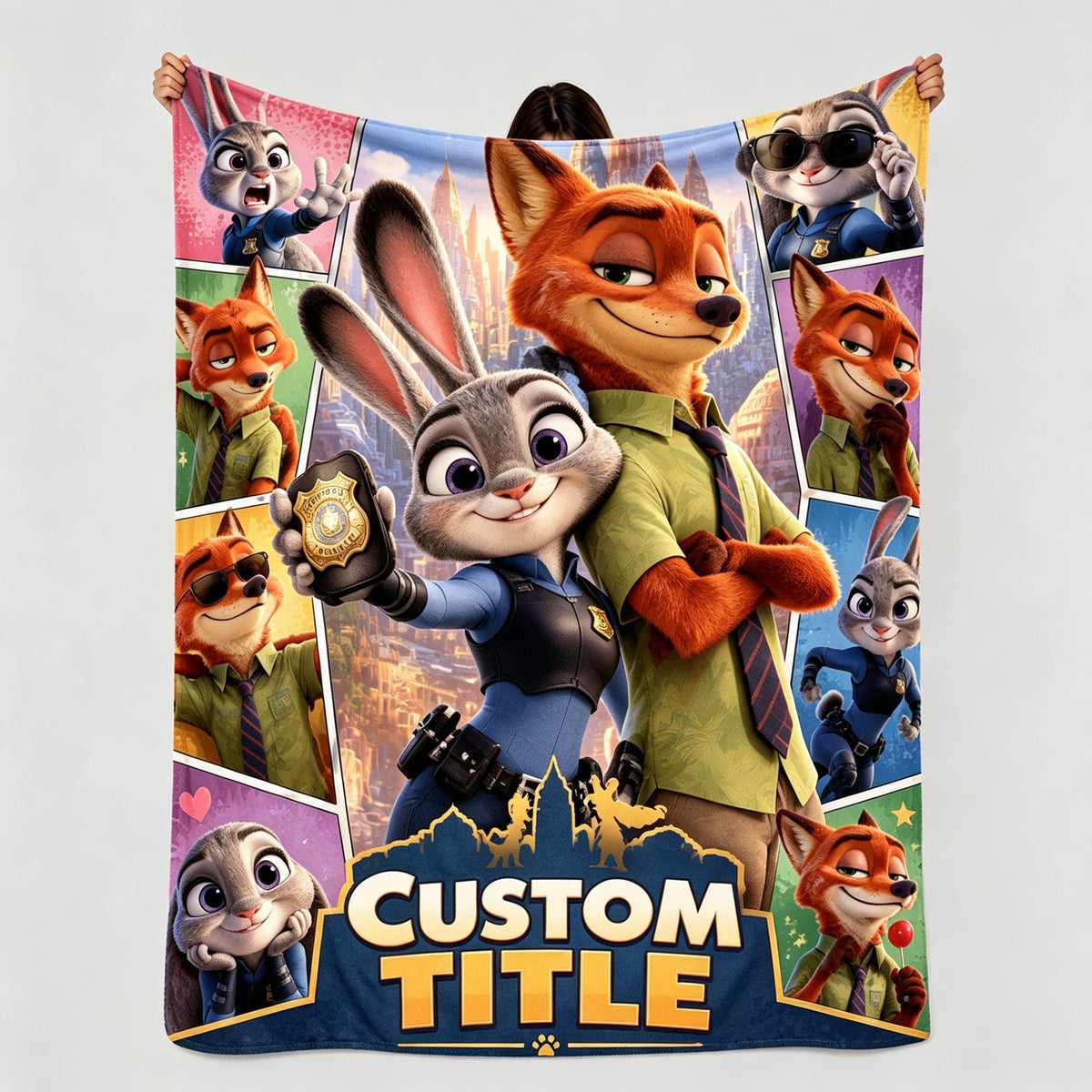 Custom Name Animated City Blanket Soft Throw.Fox Nick‑Rabbit & Rabbit Officer Partner Print.