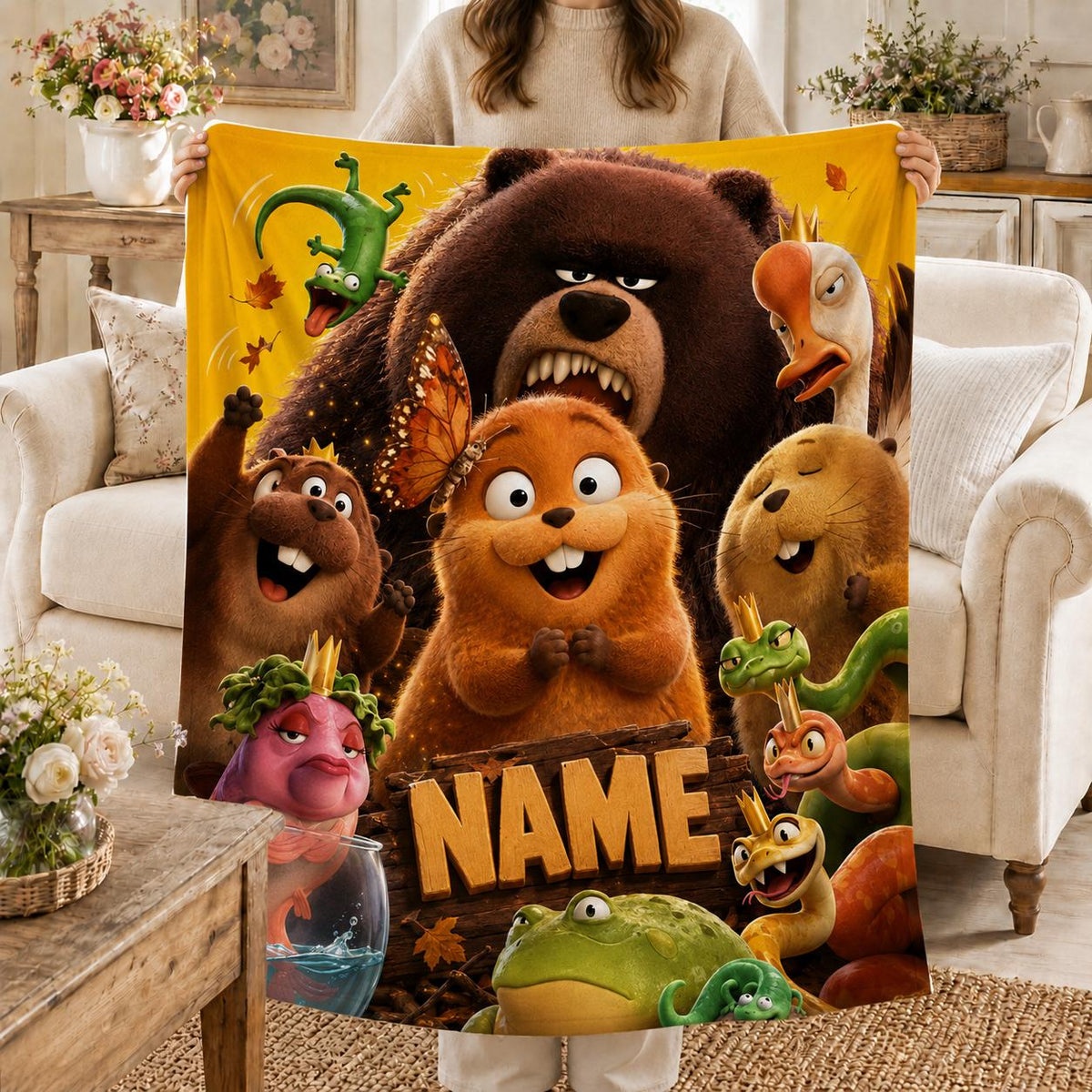 Personalized Cartoon Forest Animal Friends Soft Throw Blanket Kids Bedroom Decor Toddler Birthday Gift