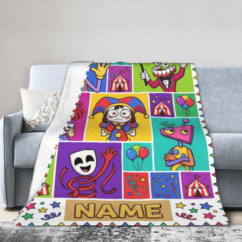 Custom Name TADC Blanket, Colorful Grid Circus Fleece Throw Kids, Cartoon Character Room Decor