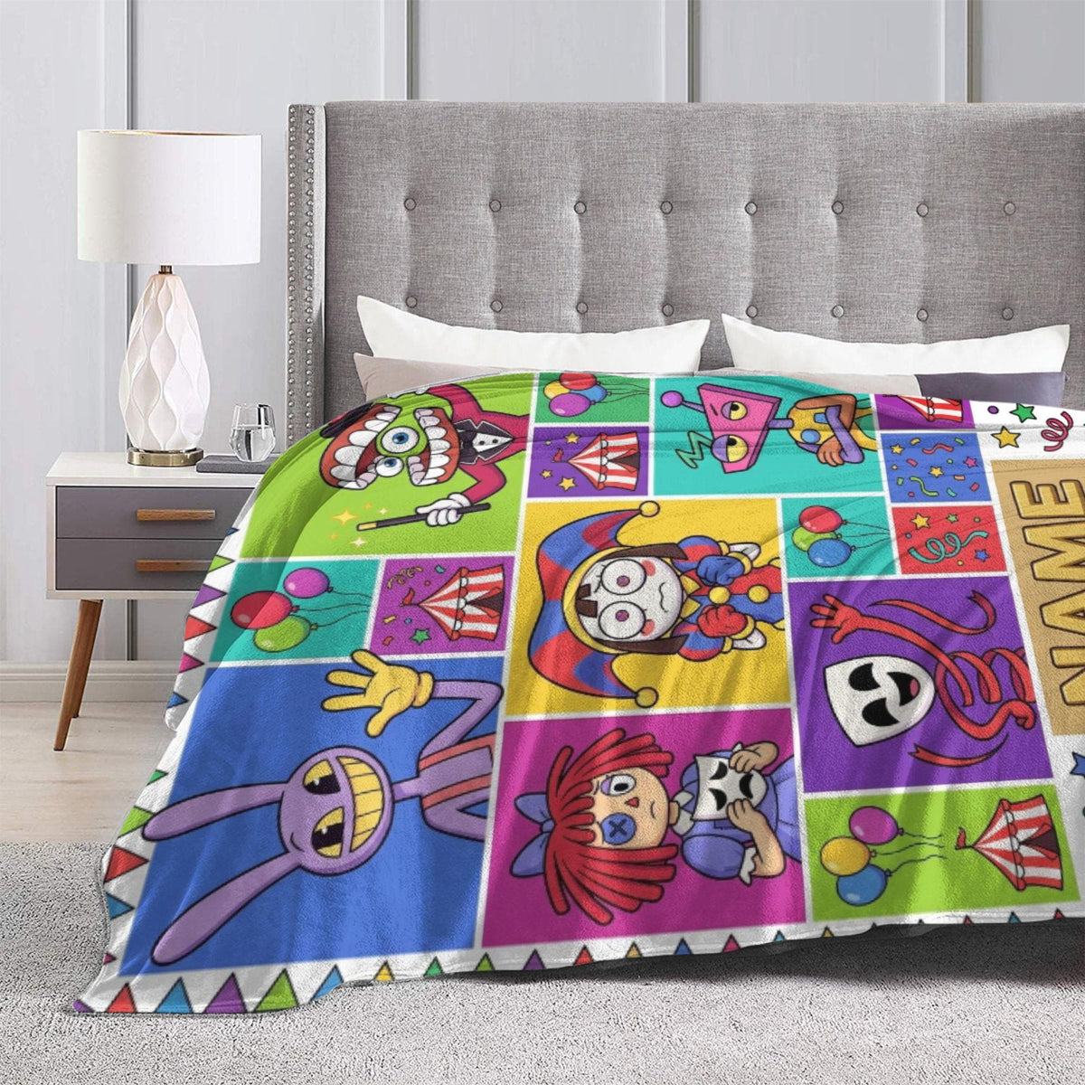Custom Name TADC Blanket, Colorful Grid Circus Fleece Throw Kids, Cartoon Character Room Decor