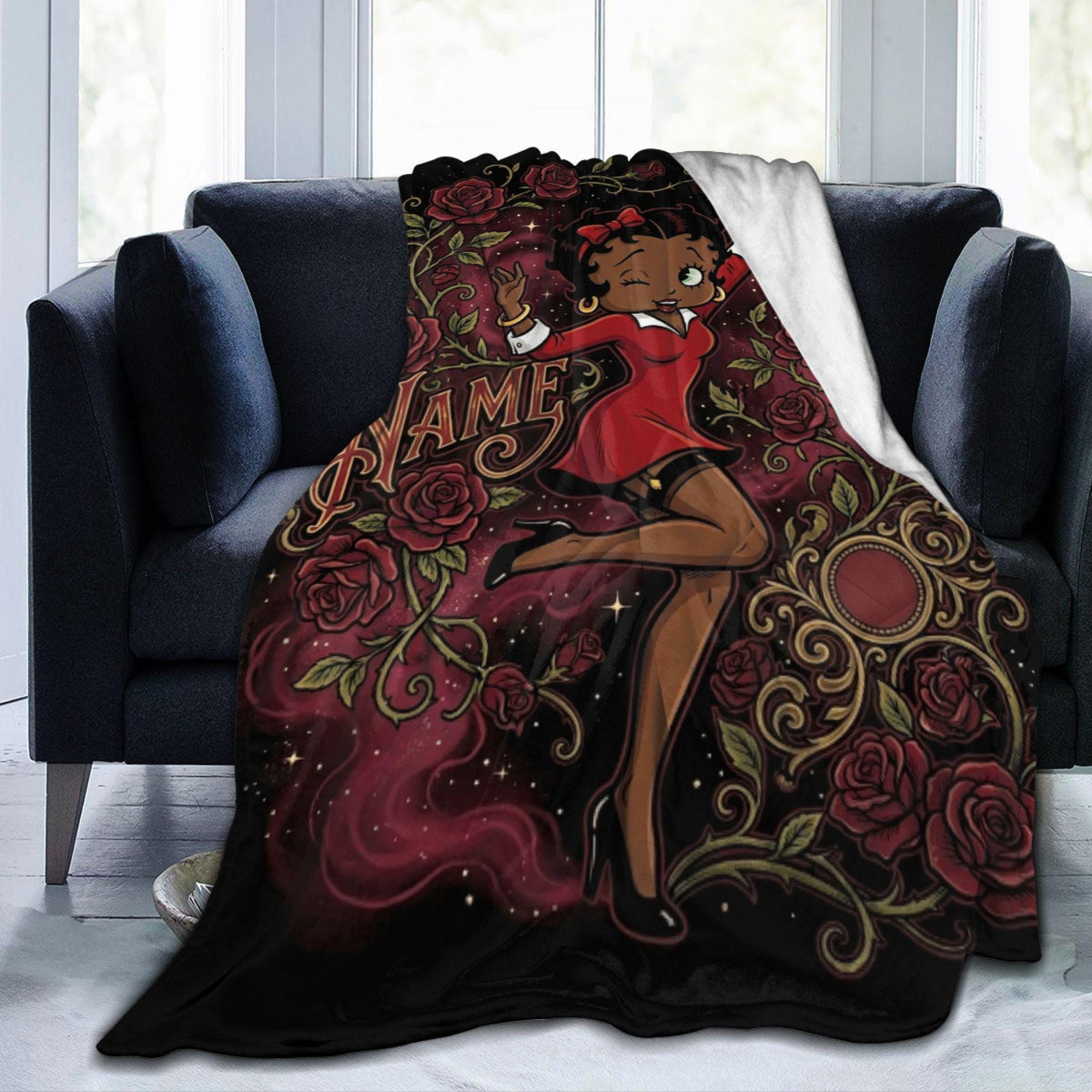 Customizable Betty Boop Red Dress Blanket: Dark Roses, Smoke Fleece Throw