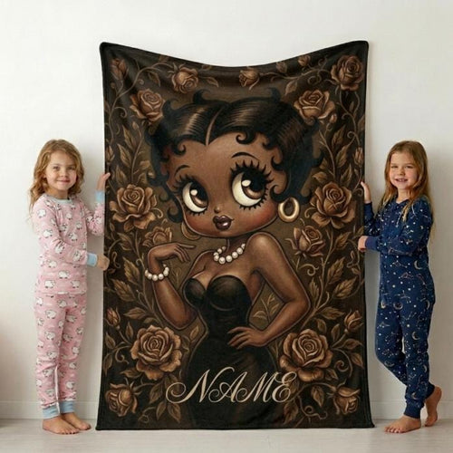 Betty Boop Sepia Portrait Flannel Blanket: Black Dress, Pearls, Roses – Cozy Home Decor
