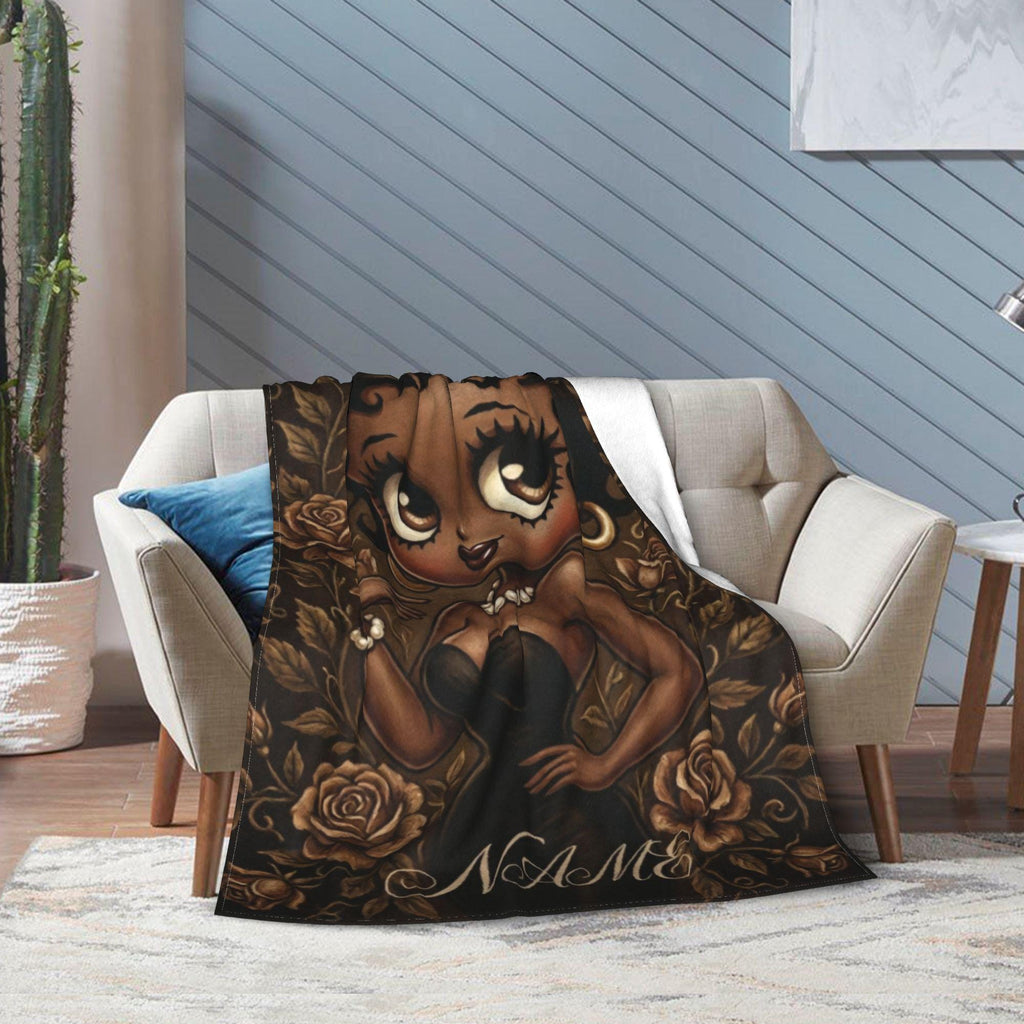 Betty Boop Sepia Portrait Flannel Blanket: Black Dress, Pearls, Roses – Cozy Home Decor