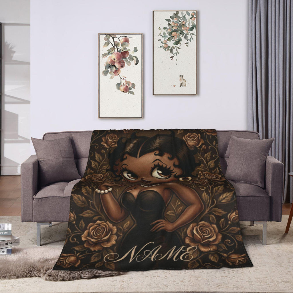 Betty Boop Sepia Portrait Flannel Blanket: Black Dress, Pearls, Roses – Cozy Home Decor