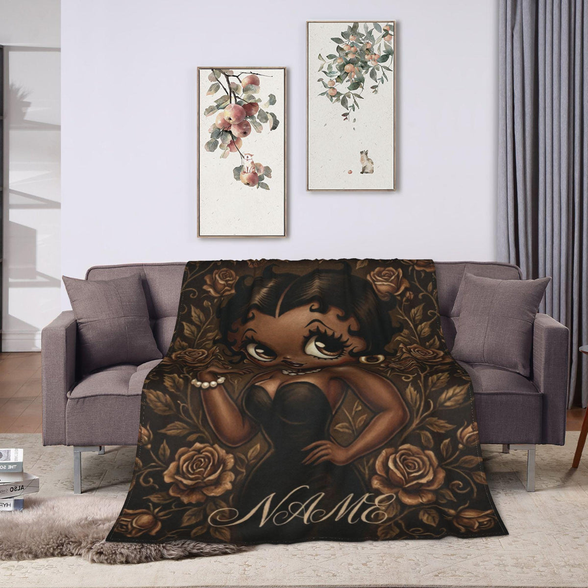 Betty Boop Sepia Portrait Flannel Blanket: Black Dress, Pearls, Roses – Cozy Home Decor