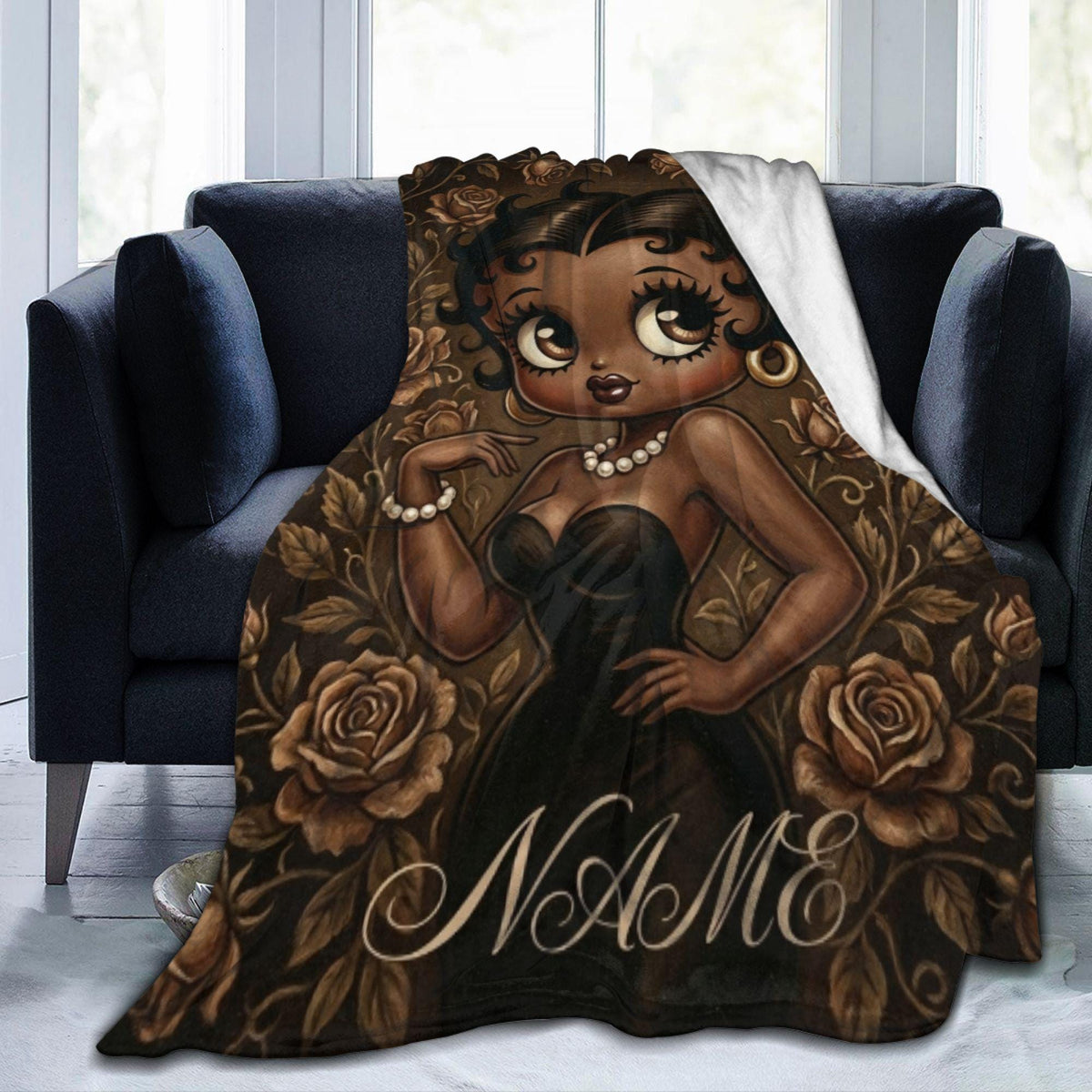 Betty Boop Sepia Portrait Flannel Blanket: Black Dress, Pearls, Roses – Cozy Home Decor