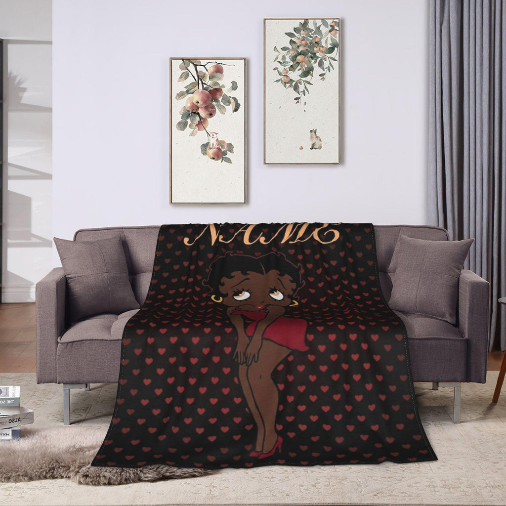 Personalized Betty Boop Heart Pattern Flannel Blanket Cute Red Dress & High Heels Soft Throw for Sofa
