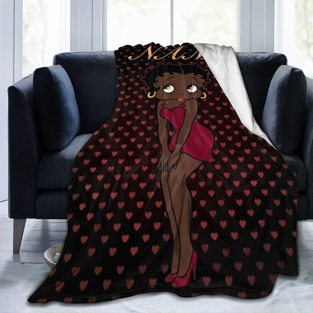 Personalized Betty Boop Heart Pattern Flannel Blanket Cute Red Dress & High Heels Soft Throw for Sofa