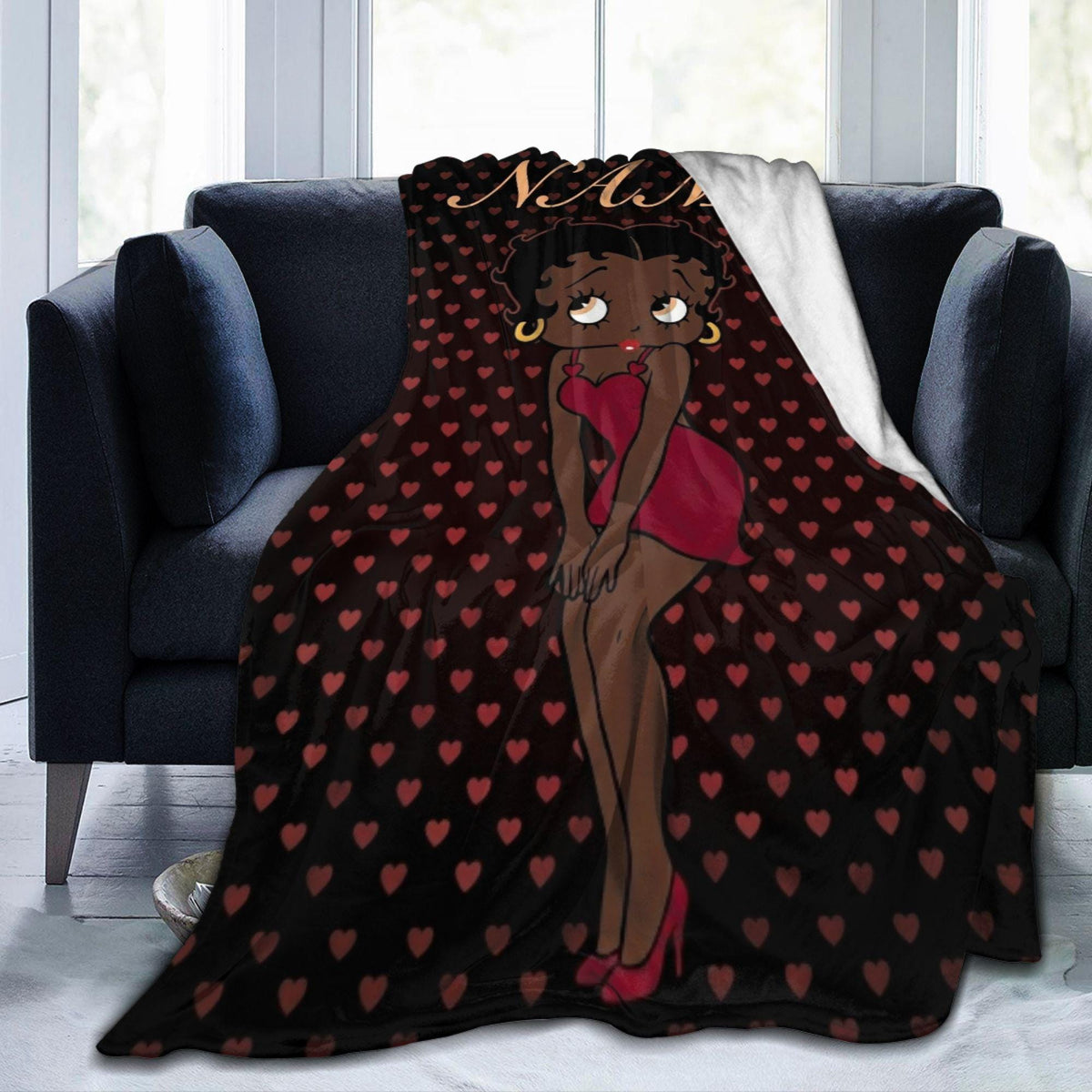 Personalized Betty Boop Heart Pattern Flannel Blanket Cute Red Dress & High Heels Soft Throw for Sofa