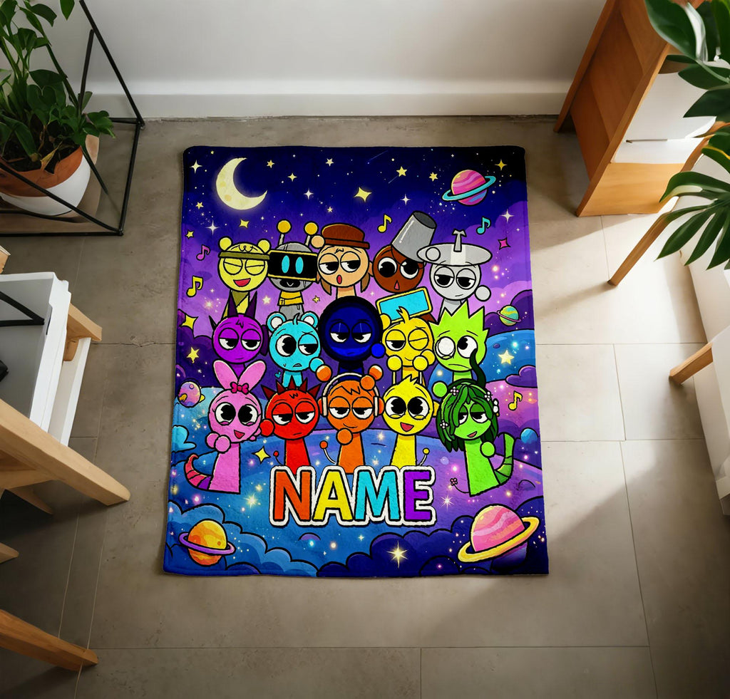 Personalized Sprunki Galaxy Blanket, Custom Name Space Characters Throw