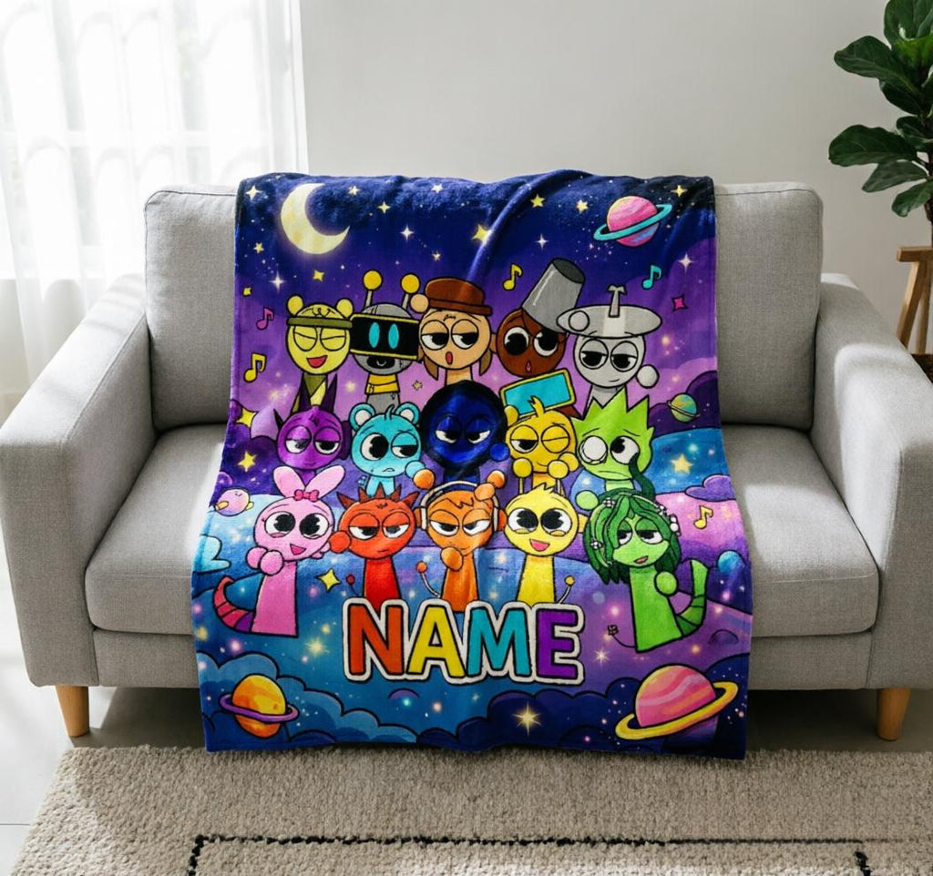 Personalized Sprunki Galaxy Blanket, Custom Name Space Characters Throw