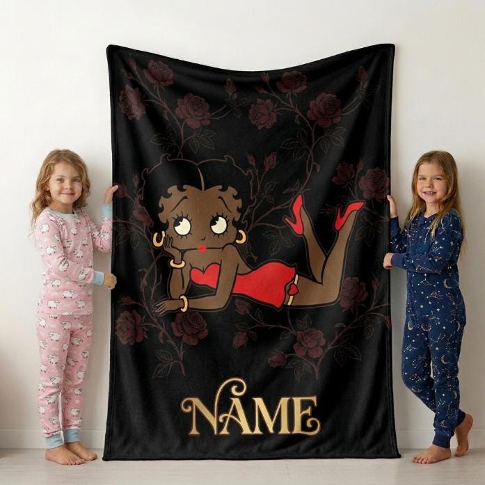 Custom Name Betty Boop Lying Pose Flannel Blanket Elegant Black Background Dark Roses Cozy Blanket