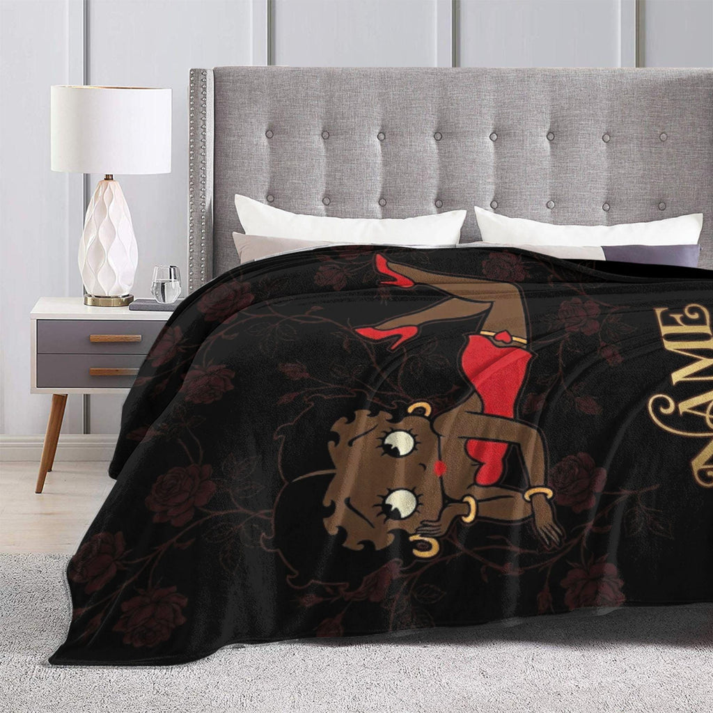 Custom Name Betty Boop Lying Pose Flannel Blanket Elegant Black Background Dark Roses Cozy Blanket
