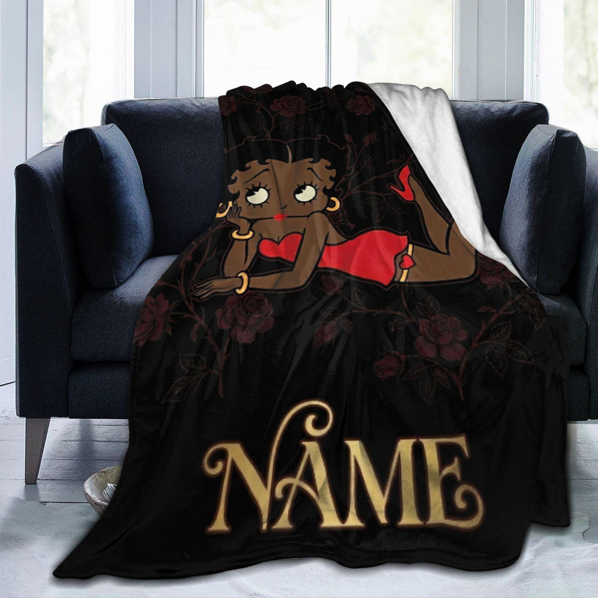 Custom Name Betty Boop Lying Pose Flannel Blanket Elegant Black Background Dark Roses Cozy Blanket