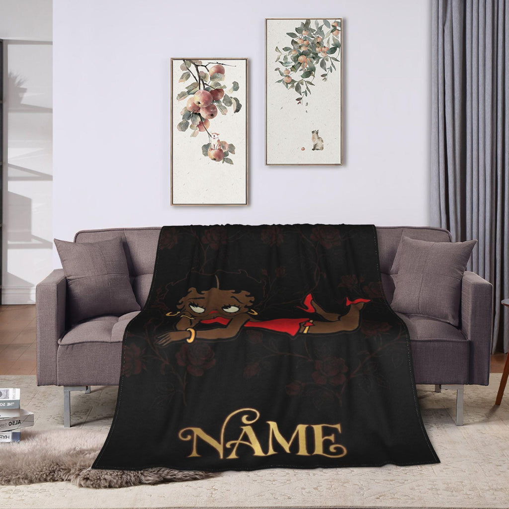 Custom Name Betty Boop Lying Pose Flannel Blanket Elegant Black Background Dark Roses Cozy Blanket
