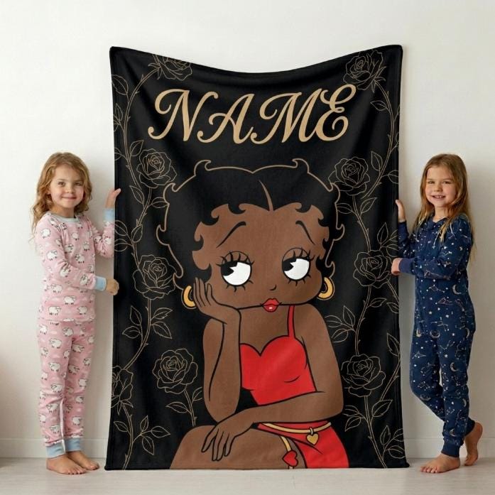 Custom Betty Boop Thinking Pose Flannel Blanket Gold Line Roses Black Background Warm Plush Throw
