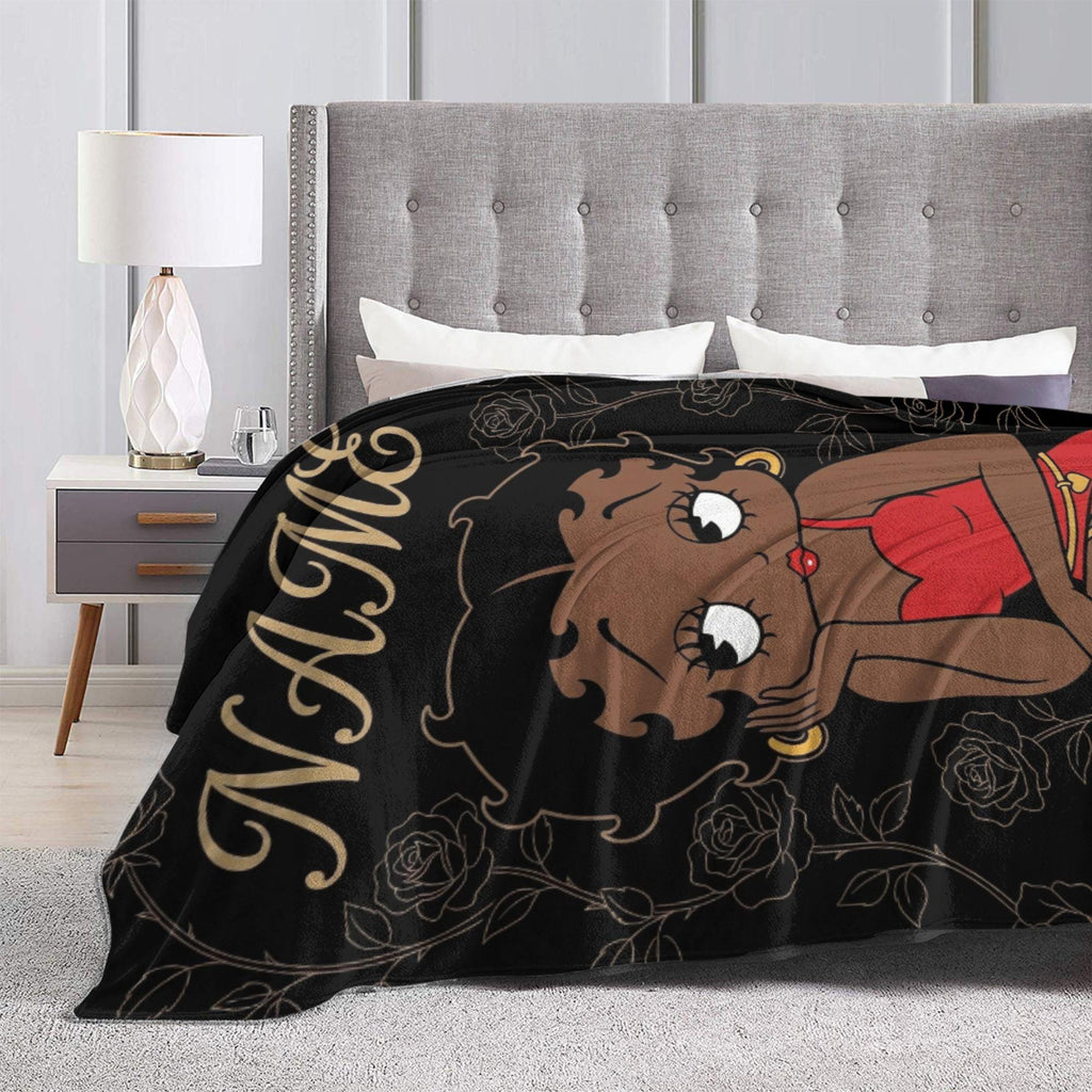 Custom Betty Boop Thinking Pose Flannel Blanket Gold Line Roses Black Background Warm Plush Throw