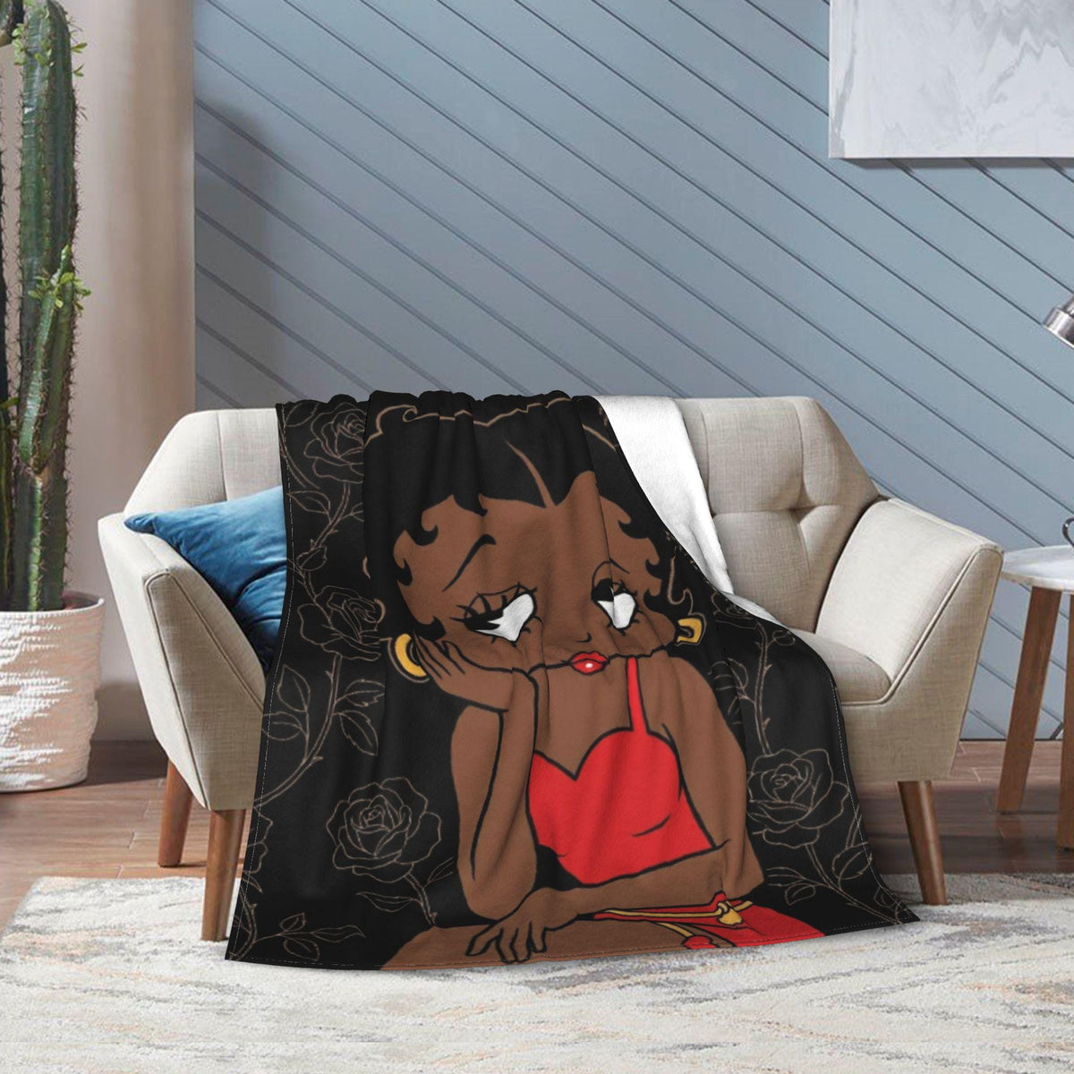 Custom Betty Boop Thinking Pose Flannel Blanket Gold Line Roses Black Background Warm Plush Throw