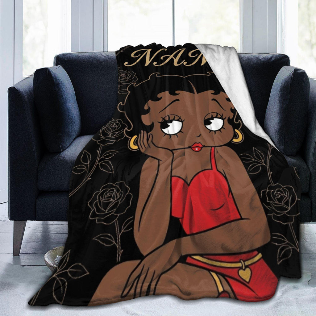Custom Betty Boop Thinking Pose Flannel Blanket Gold Line Roses Black Background Warm Plush Throw