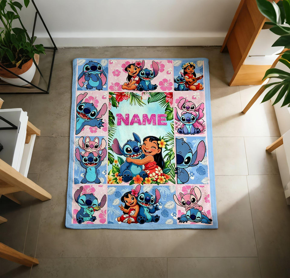 Personalized Lilo and Stitch Blanket Soft Throw, Custom Name Grid Collage Blanket, Kids Birthday Baby Shower Gift
