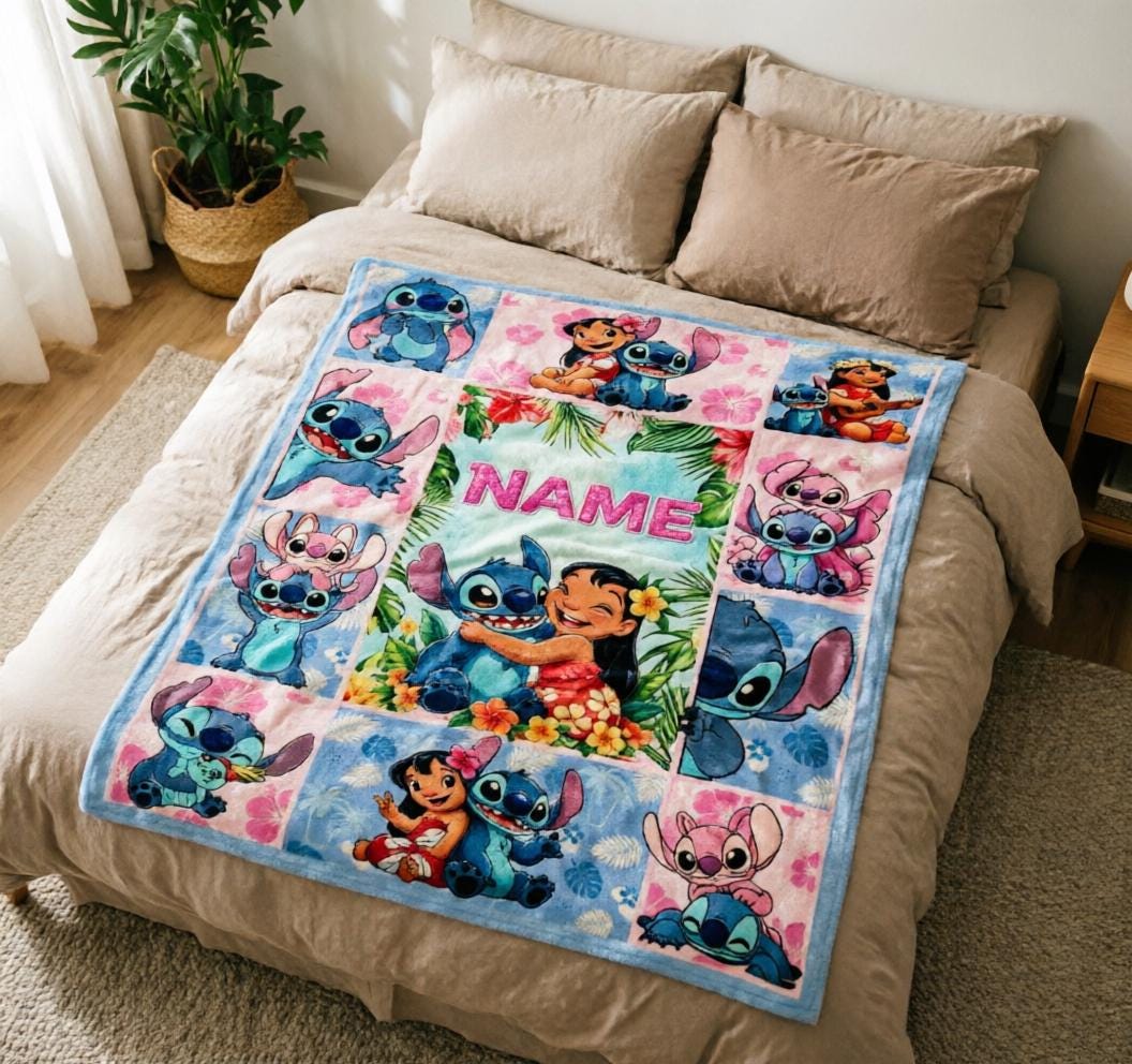 Personalized Lilo and Stitch Blanket Soft Throw, Custom Name Grid Collage Blanket, Kids Birthday Baby Shower Gift