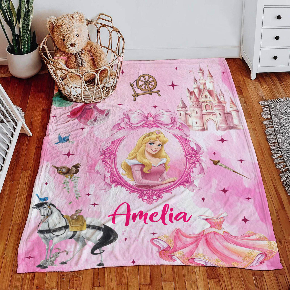 Personalized Disney Princess Blanket,Snow White Belle Ariel Cinderella TIana Rapunzel Blanket,Custom Name Disney Blanket, Birthday Girl Gift