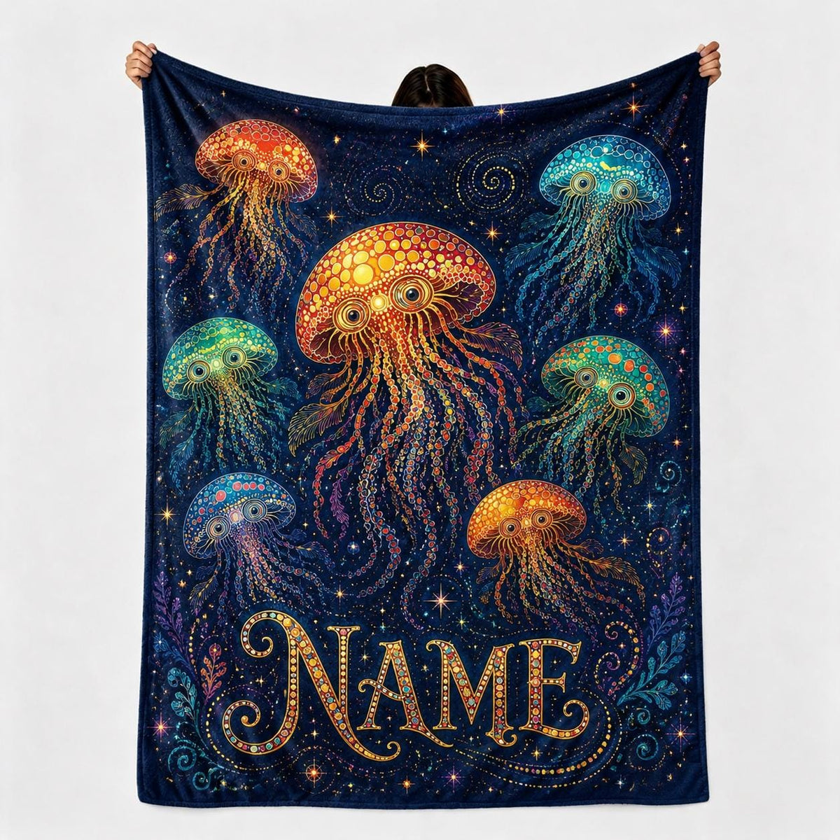 Custom Name Galaxy Jellyfish Blanket, Vibrant Marine Mandala Art Throw