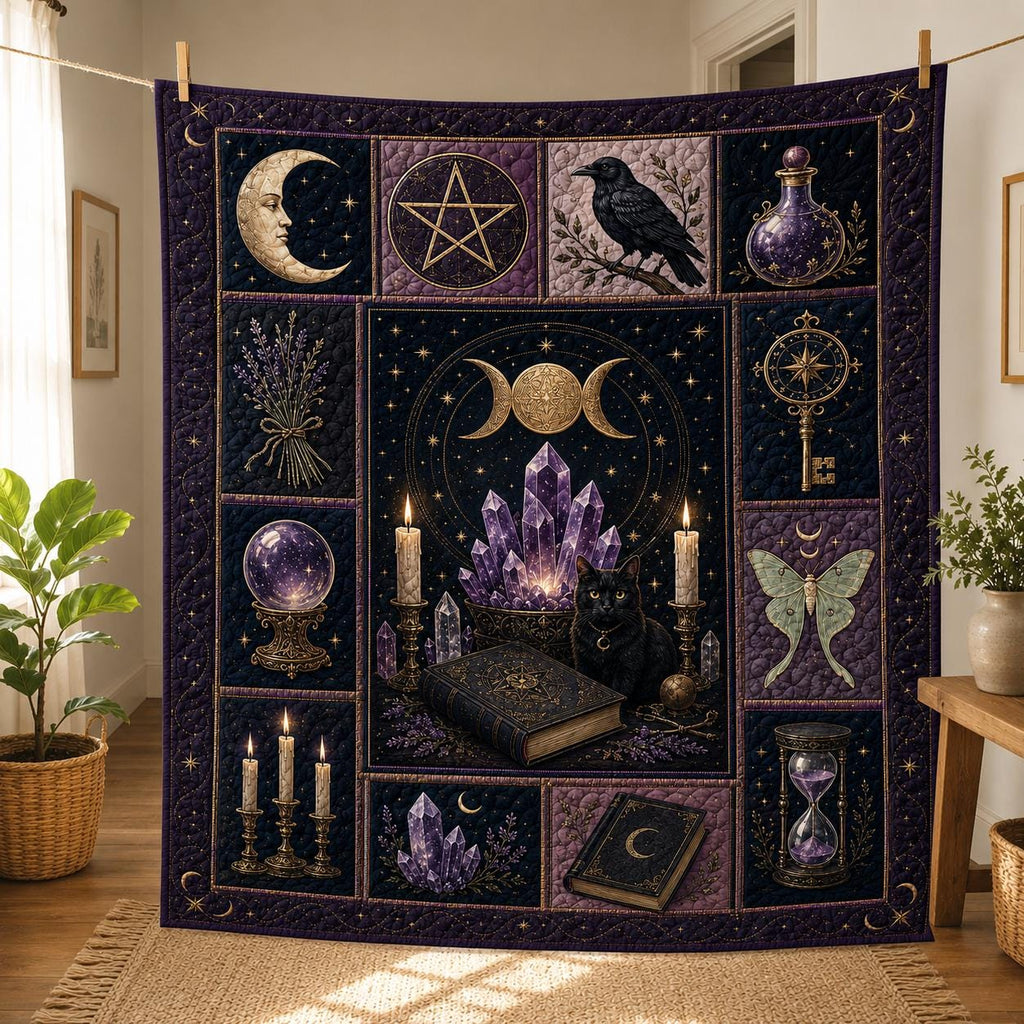 Witchcore Gothic Blanket | Black Cat Amethyst Celestial Moon Sherpa Quilt