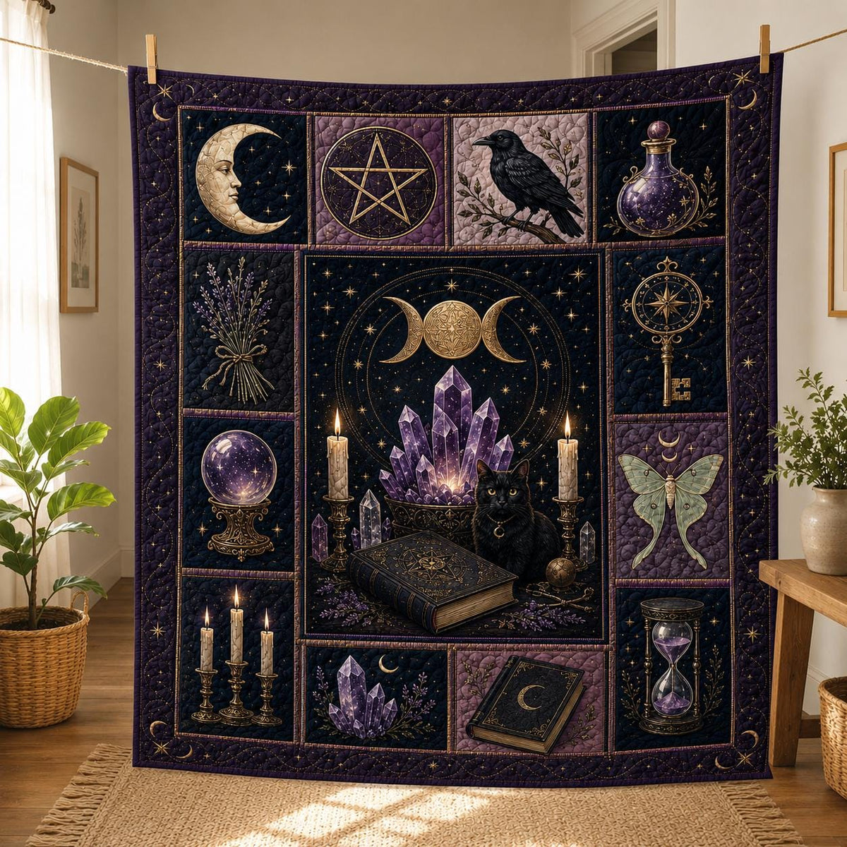 Witchcore Gothic Blanket | Black Cat Amethyst Celestial Moon Sherpa Quilt