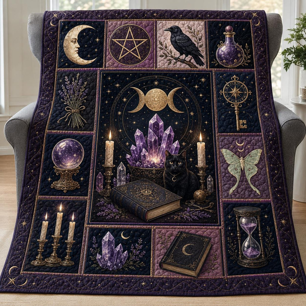 Witchcore Gothic Blanket | Black Cat Amethyst Celestial Moon Sherpa Quilt