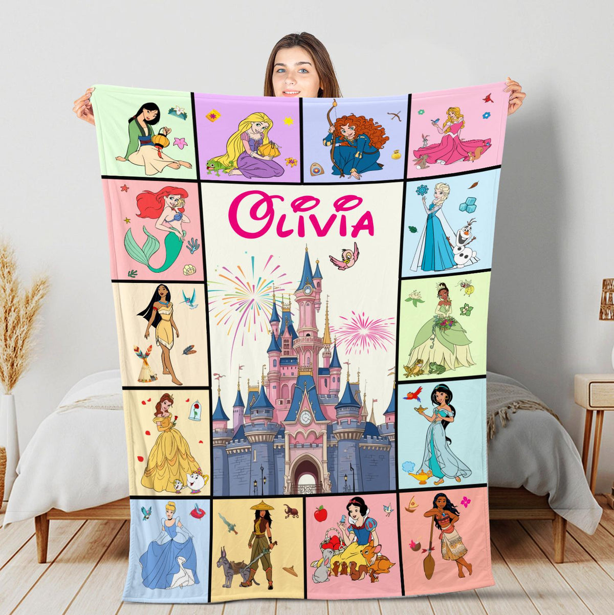 Personalized Disney Princess Blanket, Princess Group Blanket, Custom Name Blanket,Disney Birthday Girl Blanket, Snow White Ariel Belle Tiana