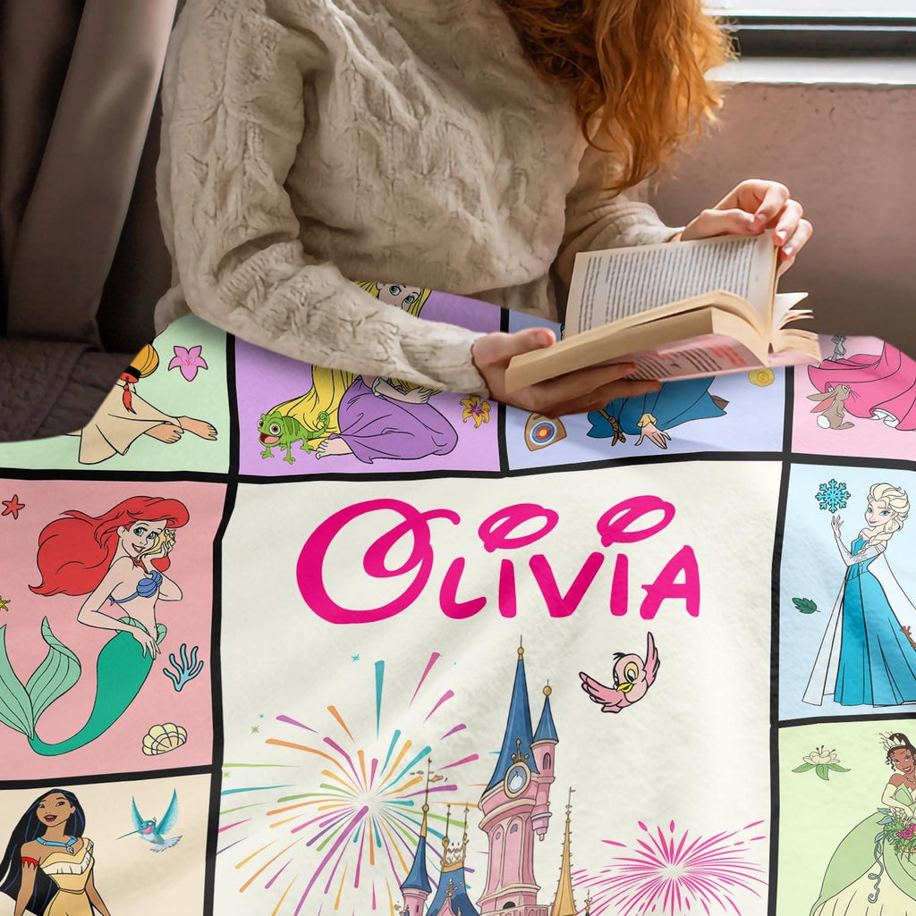 Personalized Disney Princess Blanket, Princess Group Blanket, Custom Name Blanket,Disney Birthday Girl Blanket, Snow White Ariel Belle Tiana