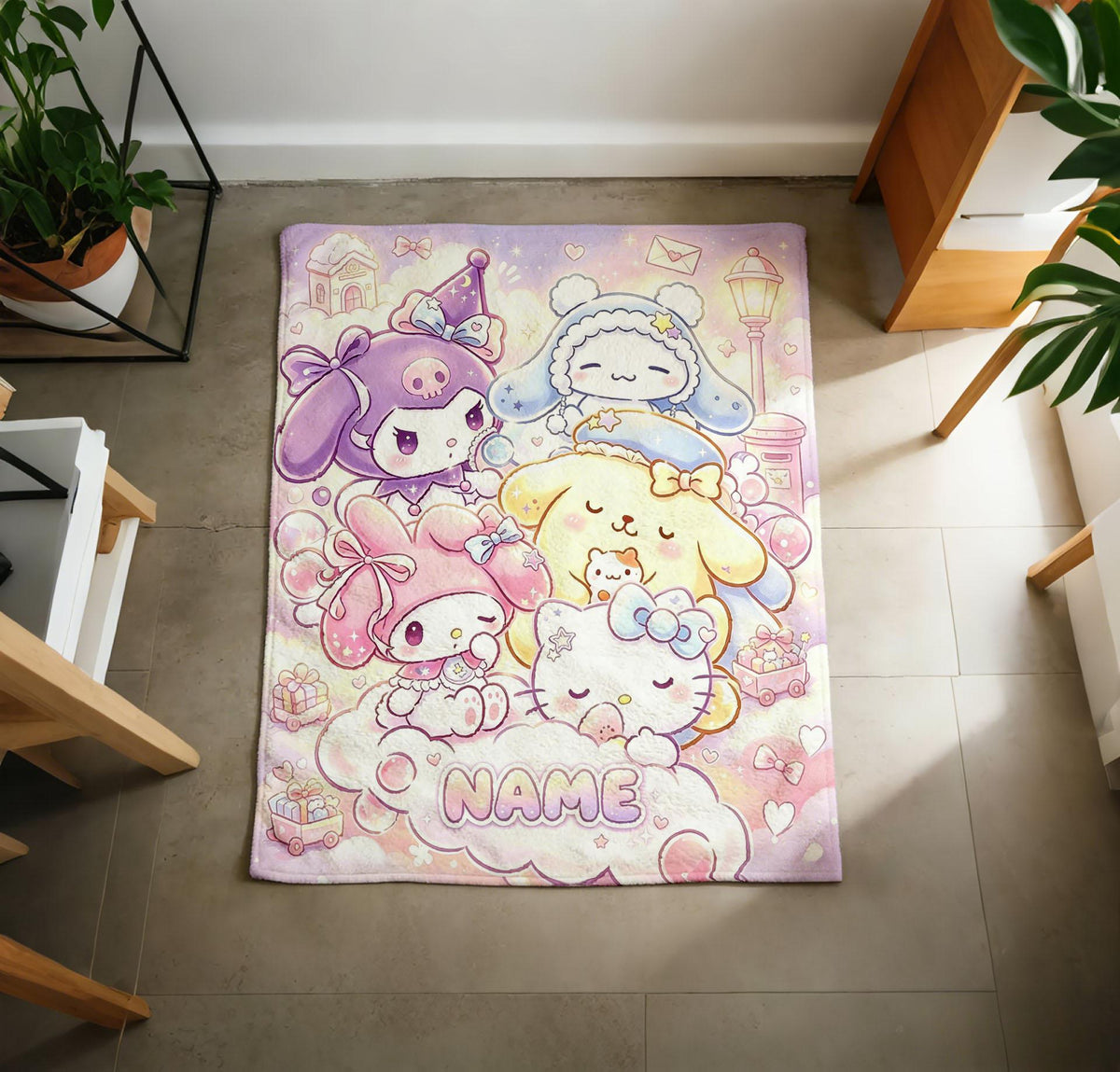Cute Sanrio Friends Flannel Blanket, Personalized Name Sofa Bed Throw