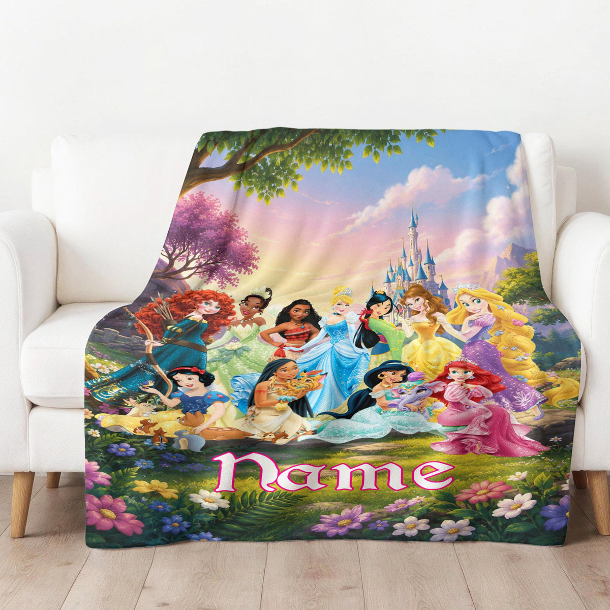 Personalized Disney Princess Blanket, Custom Name Blanket,Princess Group Blanket, Disney Birthday Girl Blanket, Cinderella Ariel Belle Tiana