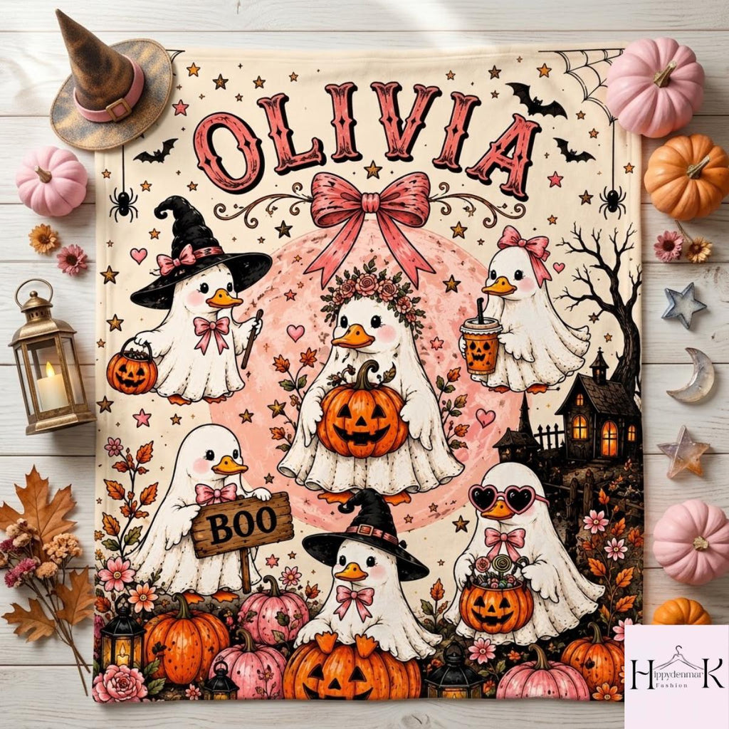 Personalized Halloween Goose Blanket, Custom Name Ghost Goose Fleece Throw, Pink Pumpkin Witchy Blanket, Cute Spooky Season Gift for Girls