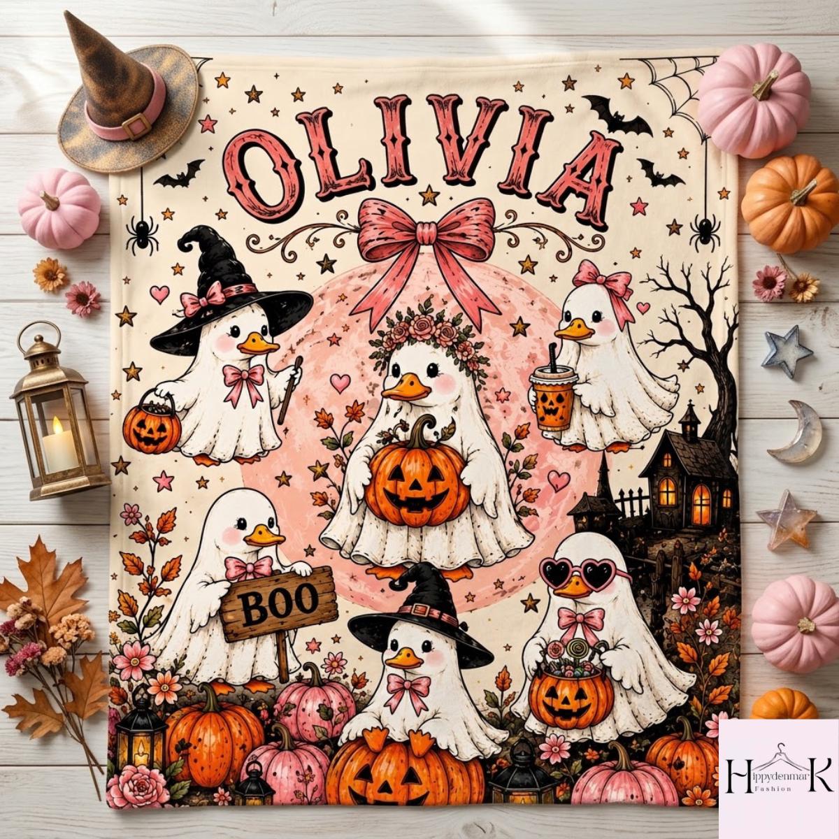 Personalized Halloween Goose Blanket, Custom Name Ghost Goose Fleece Throw, Pink Pumpkin Witchy Blanket, Cute Spooky Season Gift for Girls