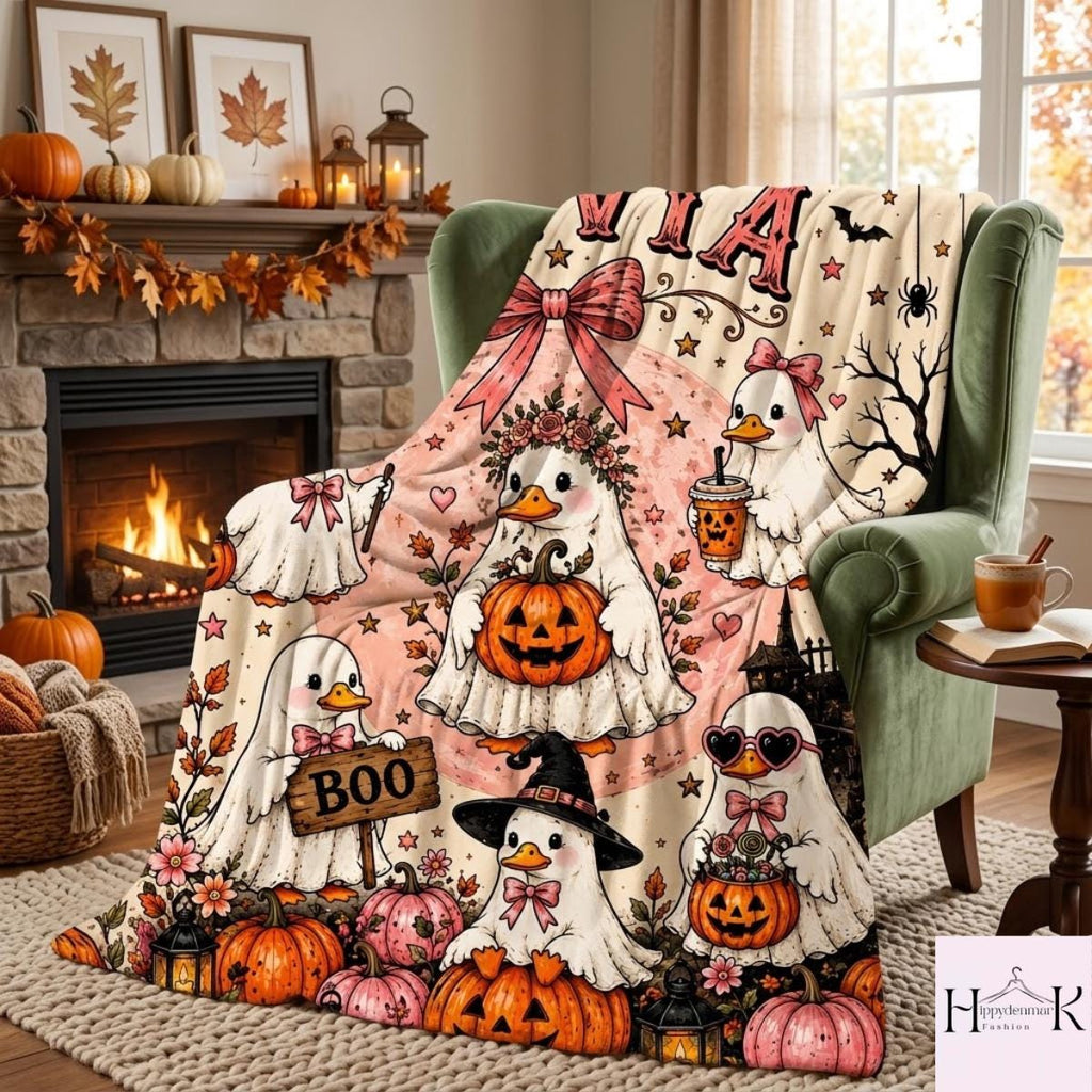 Personalized Halloween Goose Blanket, Custom Name Ghost Goose Fleece Throw, Pink Pumpkin Witchy Blanket, Cute Spooky Season Gift for Girls