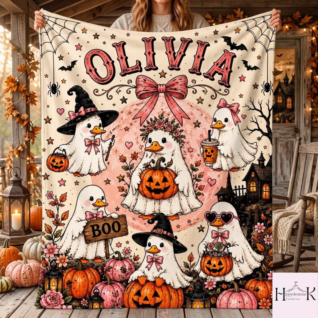 Personalized Halloween Goose Blanket, Custom Name Ghost Goose Fleece Throw, Pink Pumpkin Witchy Blanket, Cute Spooky Season Gift for Girls