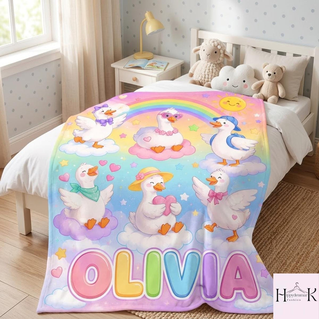 Personalized Back to School Goose Blanket, Custom Name Rainbow Fleece Throw, Cute School Goose Blanket, First Day of School Gift
