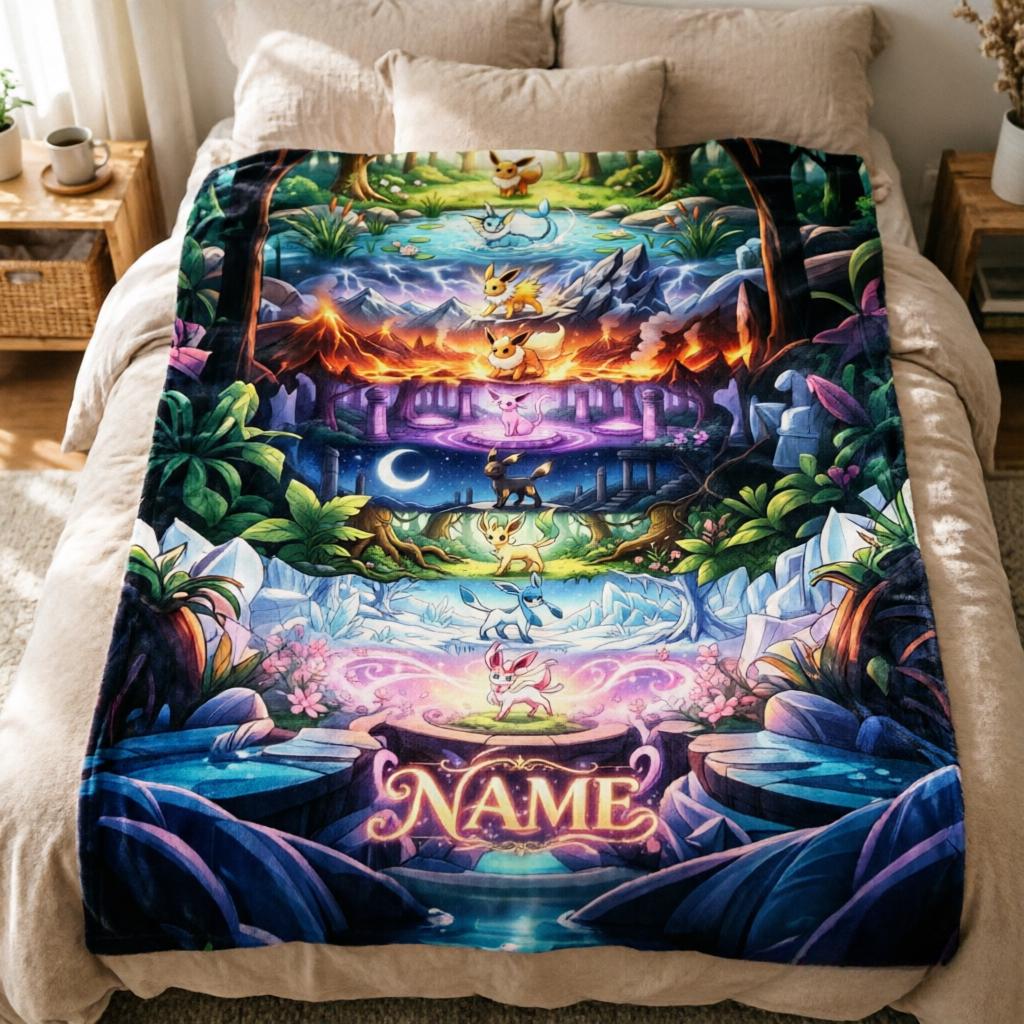 Custom Name Eevee Evolution Scenic Blanket Throw,Magical Forest Fleece Throw,Kid Pokemon Lover Decor Gift