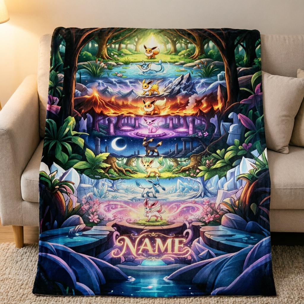Custom Name Eevee Evolution Scenic Blanket Throw,Magical Forest Fleece Throw,Kid Pokemon Lover Decor Gift