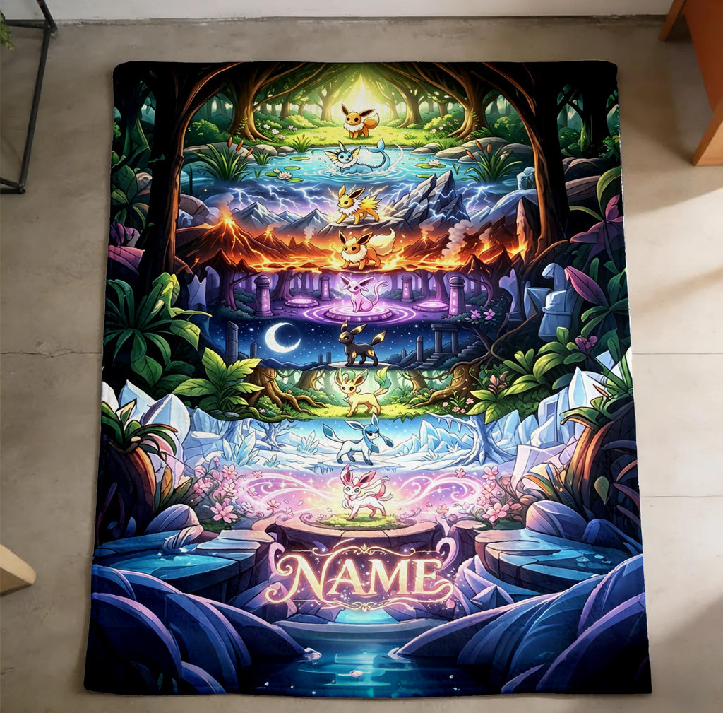 Custom Name Eevee Evolution Scenic Blanket Throw,Magical Forest Fleece Throw,Kid Pokemon Lover Decor Gift