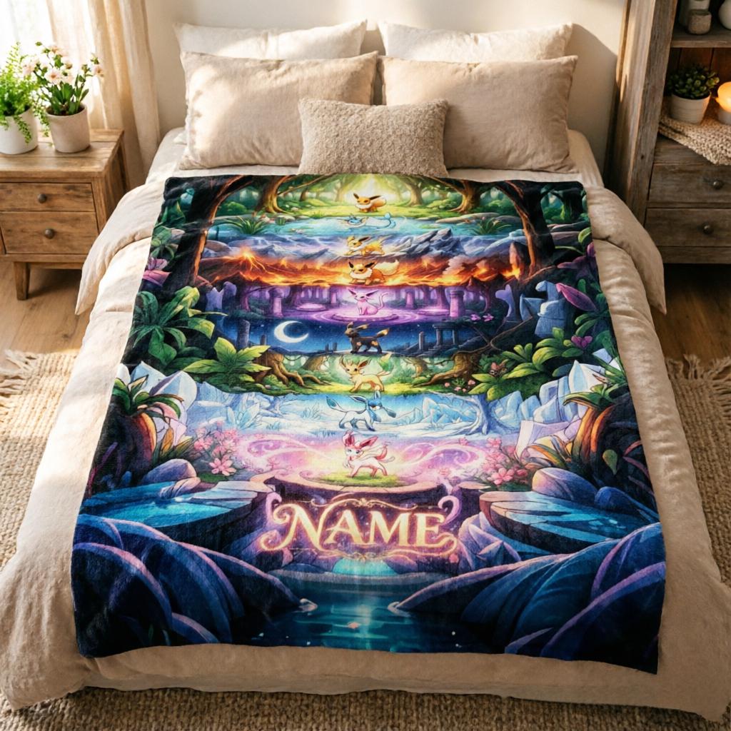 Custom Name Eevee Evolution Scenic Blanket Throw,Magical Forest Fleece Throw,Kid Pokemon Lover Decor Gift