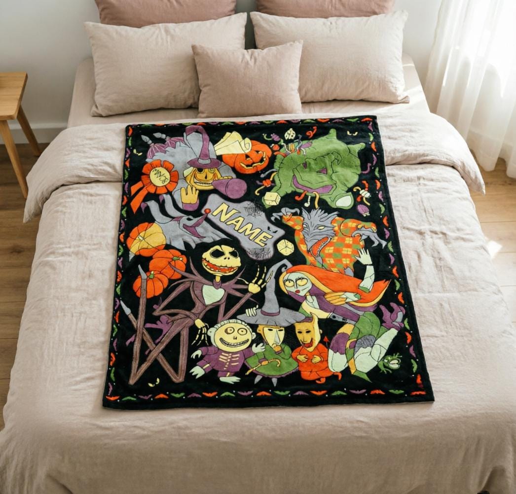 Personalized Nightmare Before Christmas Blanket Soft Throw, Custom Name Halloween Throw, Jack Skellington Kids Blanket, Spooky Gift
